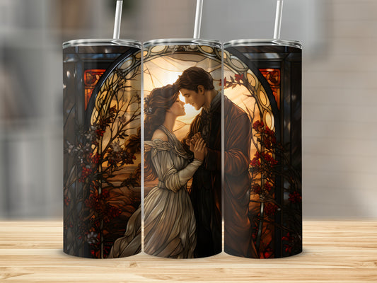 Couple in stained glass window design on a tumbler with straws.