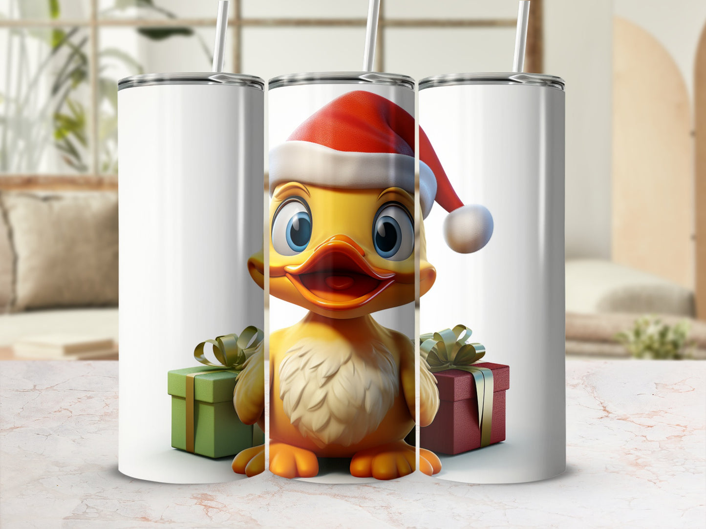 Christmas duck wearing Santa hat with gift boxes.