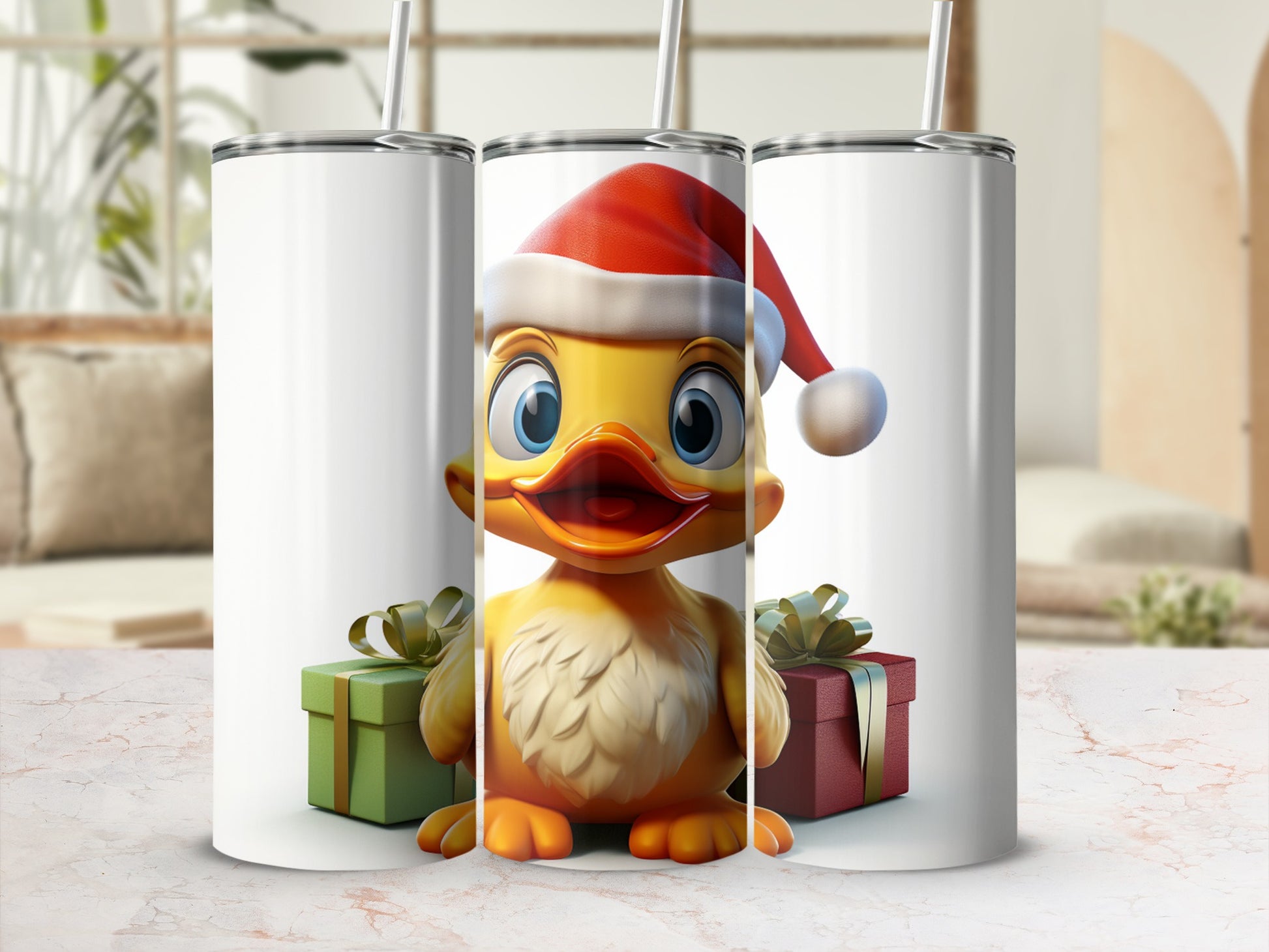 Christmas duck wearing Santa hat with gift boxes.