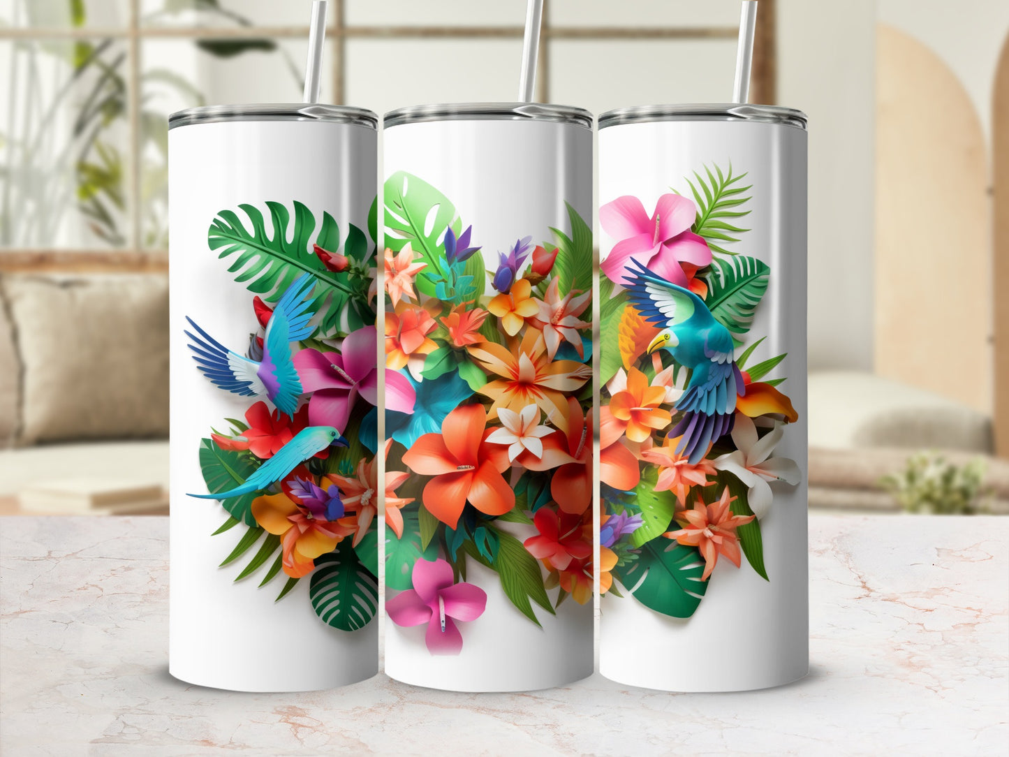 Vibrant Tropical Birds and Flowers Insulated Tumbler
