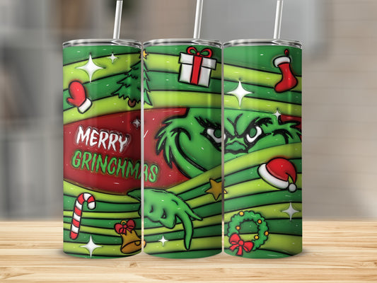 Merry Grinchmas Christmas Tumbler with Holiday Decorations
