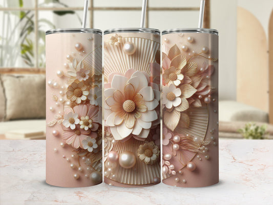 Three rose gold tumblers with intricate floral and pearl embellishments.