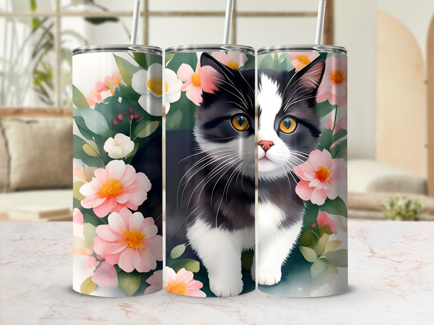 Black and white cat with pink flowers on a tumbler.