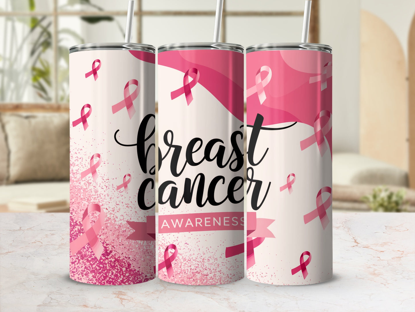 Pink breast cancer awareness tumbler with ribbon pattern.