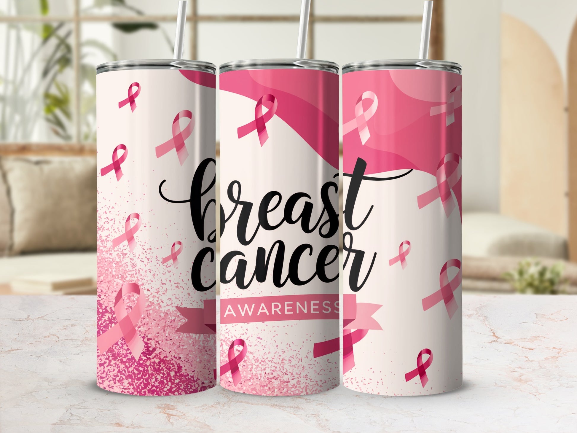 Pink breast cancer awareness tumbler with ribbon pattern.