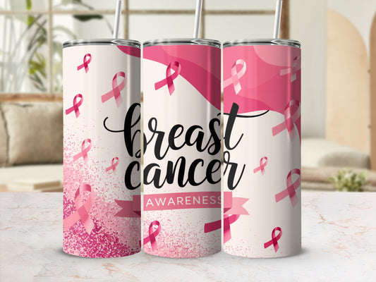 Pink breast cancer awareness tumbler with ribbon pattern.