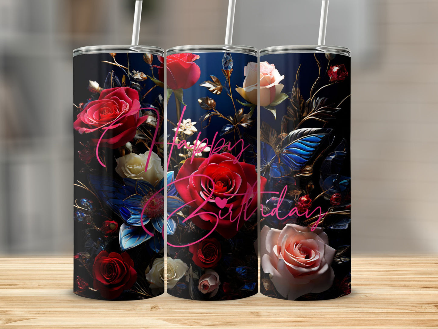 Three tumblers with dark backgrounds and detailed red and white roses, "Happy Birthday" text.