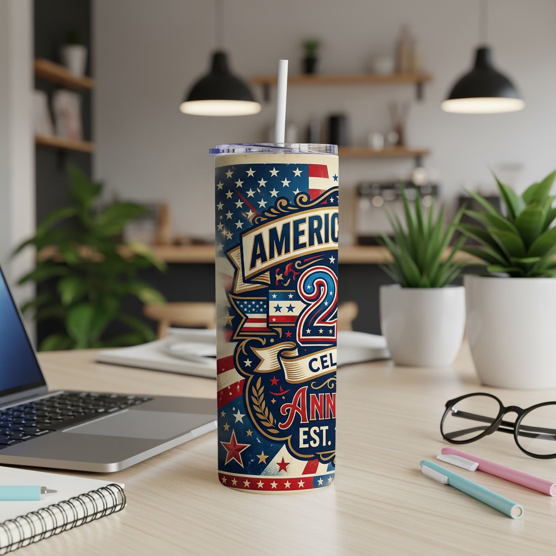 American Independence 2nd Anniversary tumbler with red, white, and blue patriotic design.