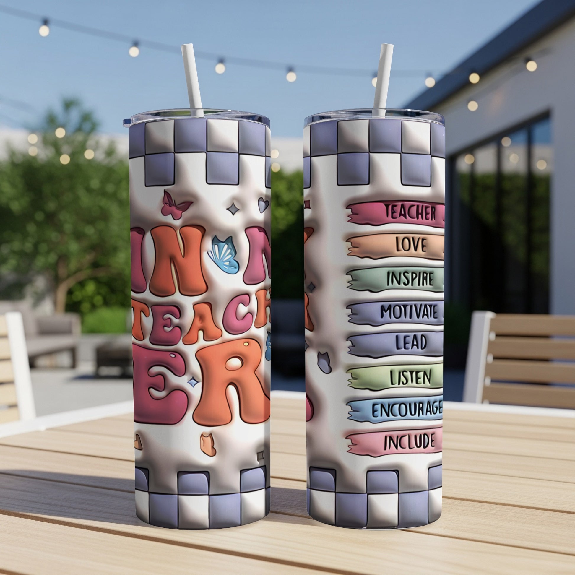 Two tumblers with "Tiny Teacher" text and motivational words.