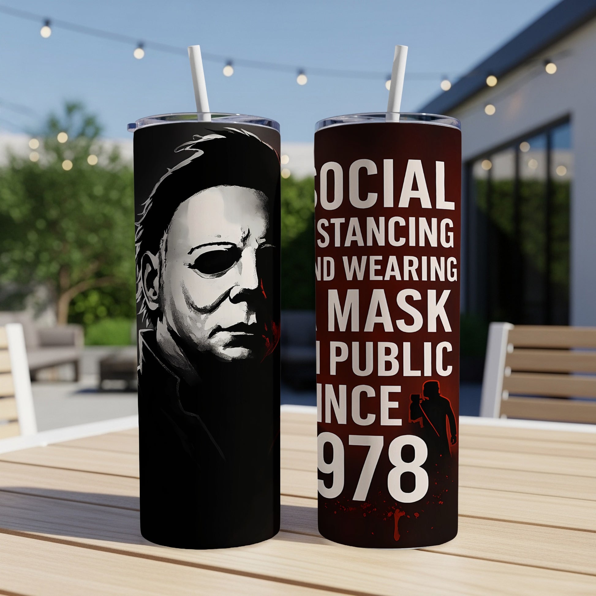 Two tumblers featuring Michael Myers and "Social Distancing and Wearing Mask in Public Since 1978".