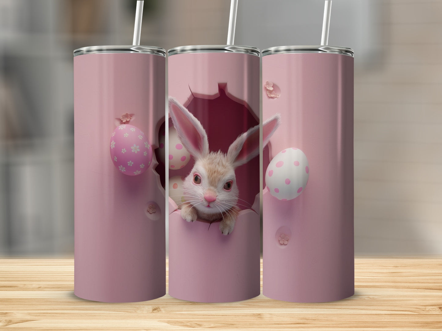 Easter bunny peeking from pink cracked egg shape on tumbler.