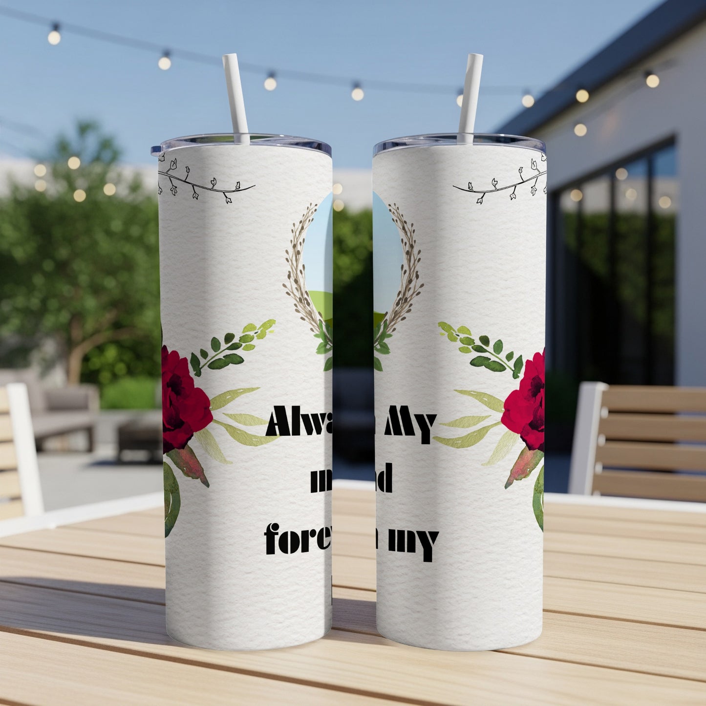 Two white tumblers with floral design and text "Always my mind forever my".