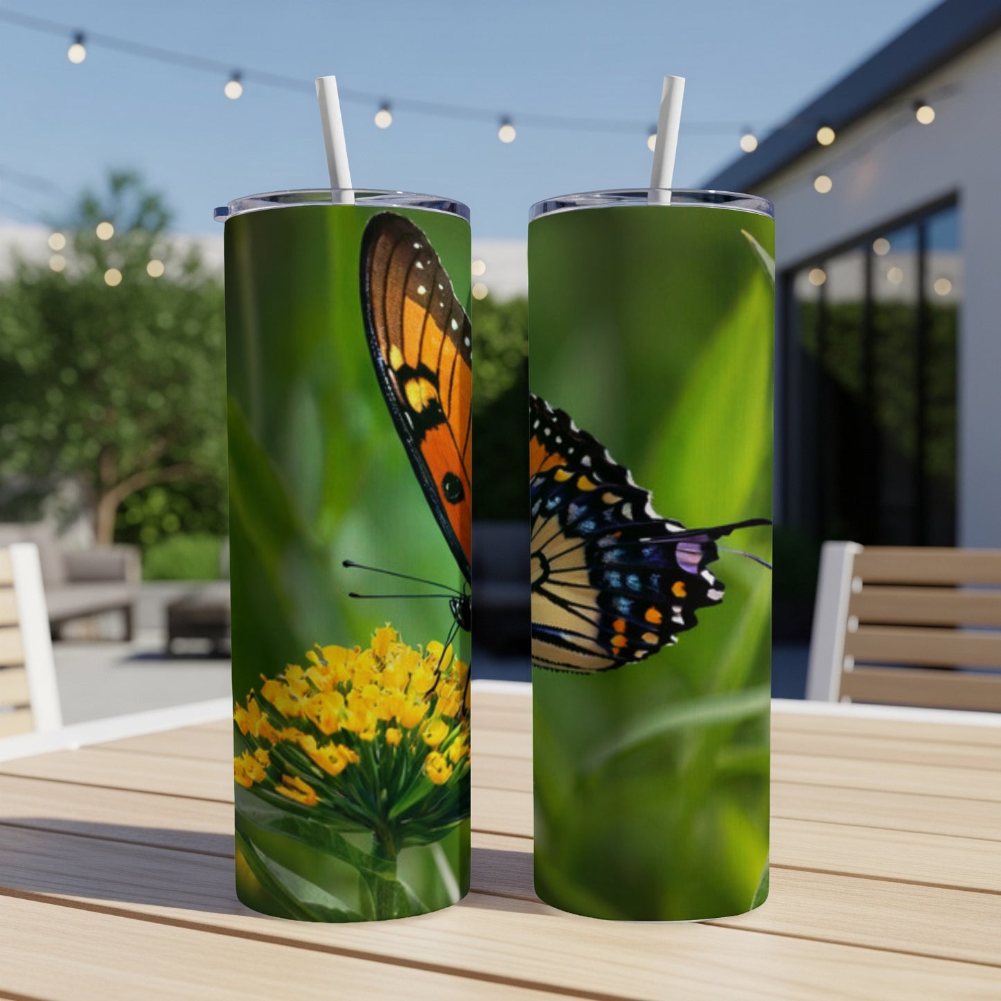 Two tumblers with a monarch butterfly on a yellow flower.