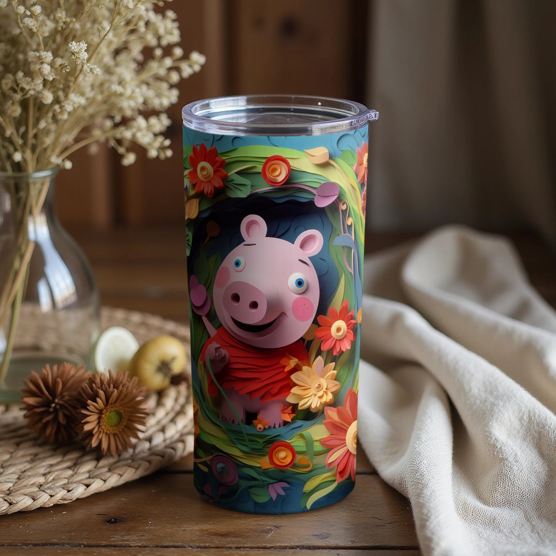 Colorful Cartoon Pig Tumbler with Floral Design