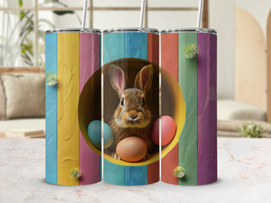 Three striped tumblers with a bunny and Easter eggs design.