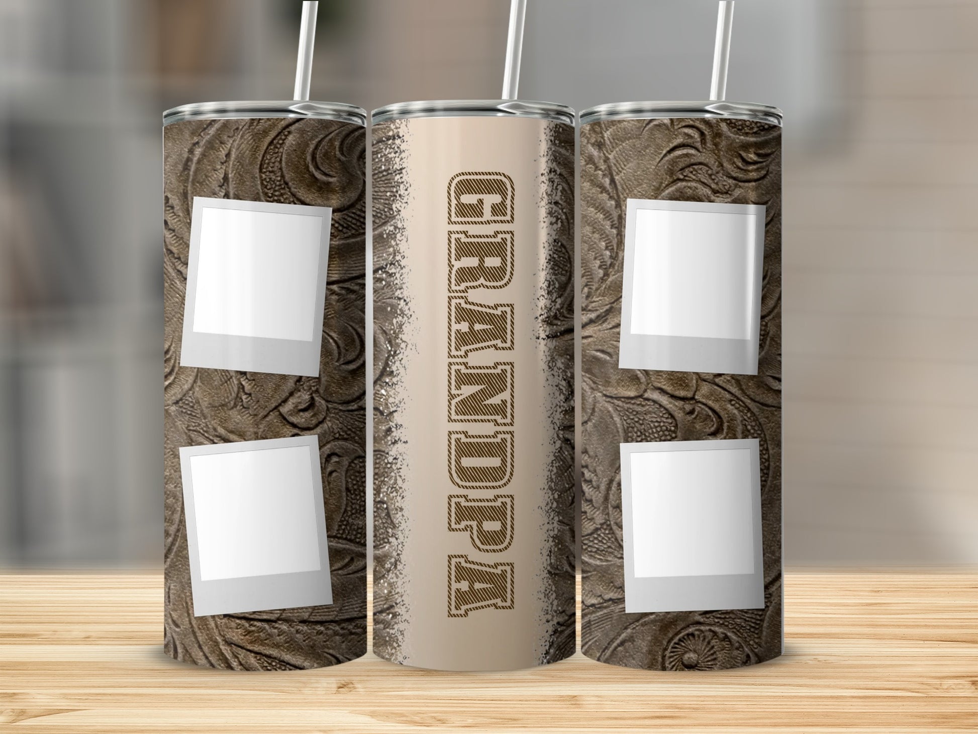 Tumbler with "Grandpa" text and photo placeholders on a textured background.