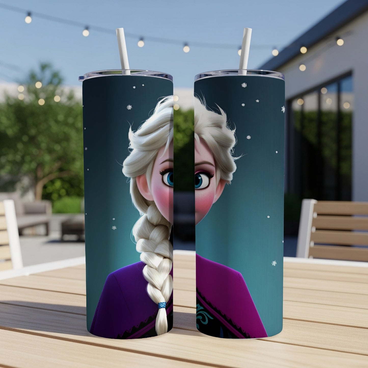 Two tumblers with Elsa from Frozen, her face split between them.