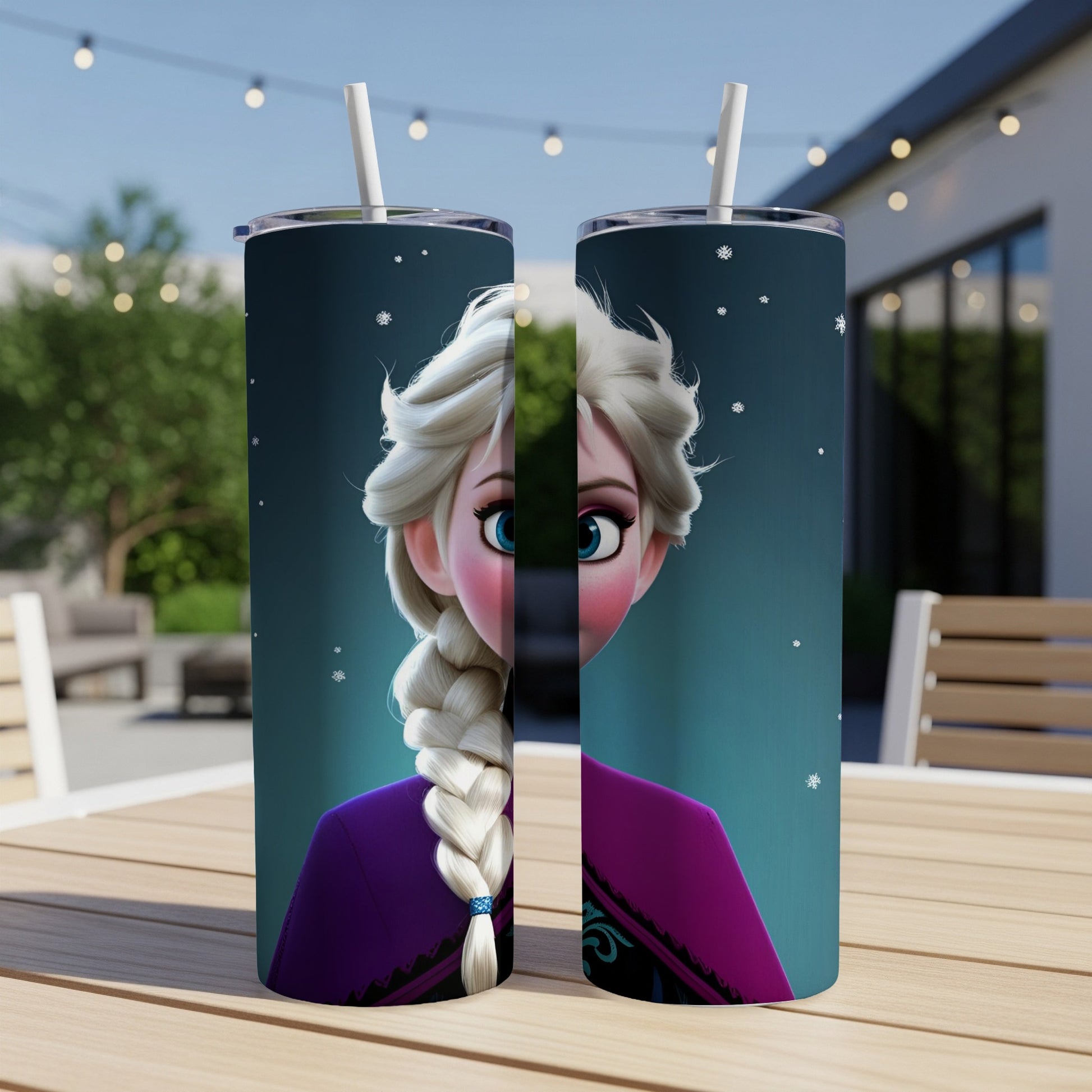 Two tumblers with Elsa from Frozen, her face split between them.