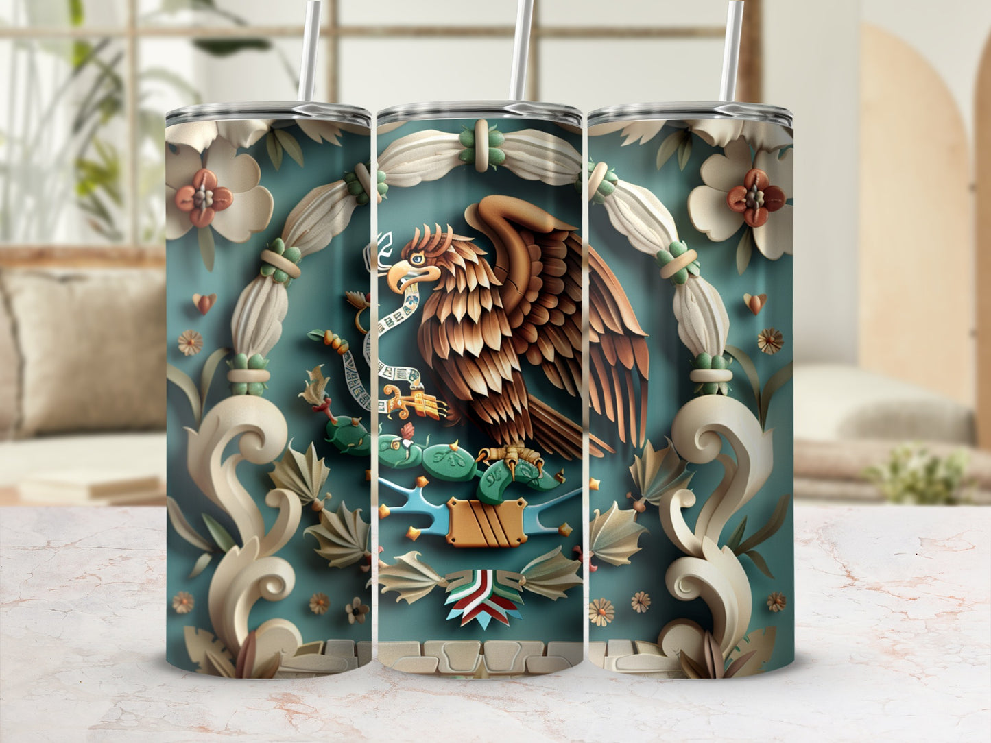 Triptych of tumblers featuring Mexican flag emblem with eagle and snake.