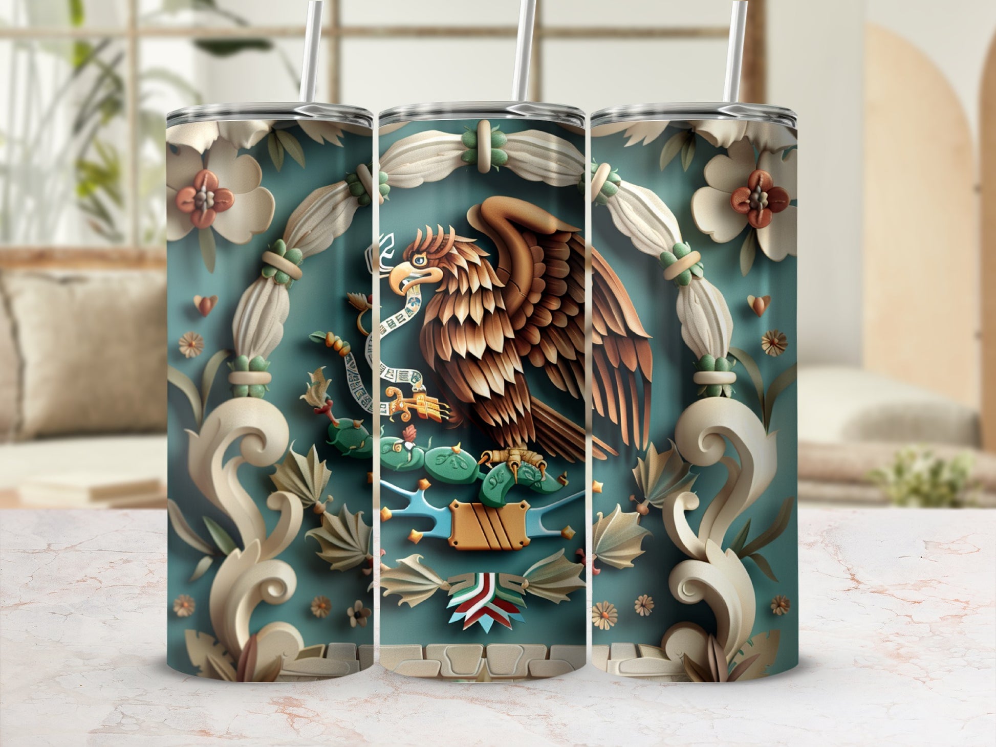 Triptych of tumblers featuring Mexican flag emblem with eagle and snake.