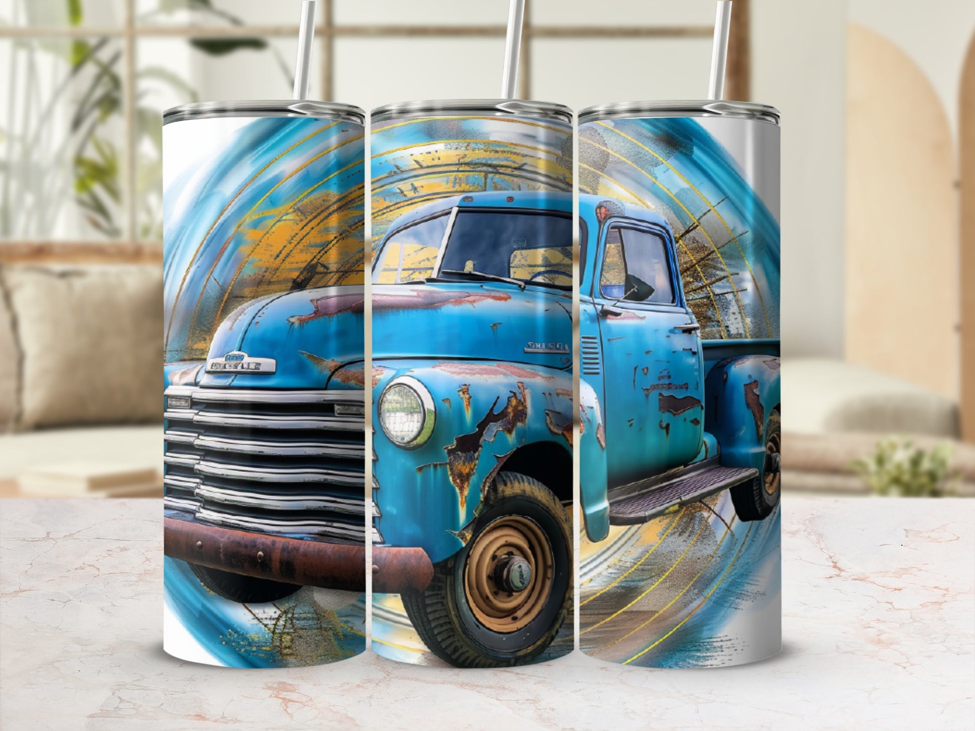 Rusty blue vintage Chevrolet pickup truck with abstract gold swirl design.