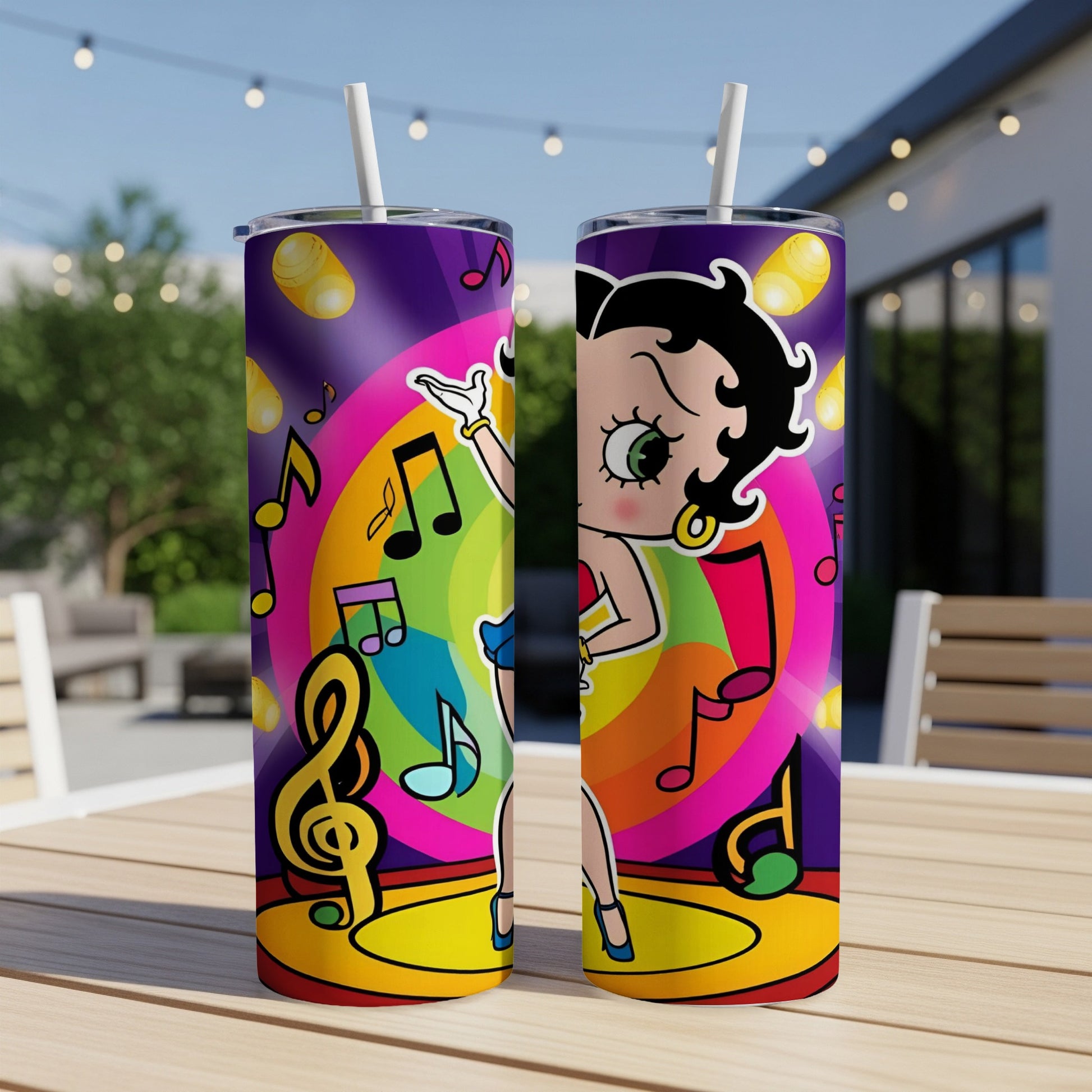 Betty Boop with musical notes and rainbow design on a tumbler.
