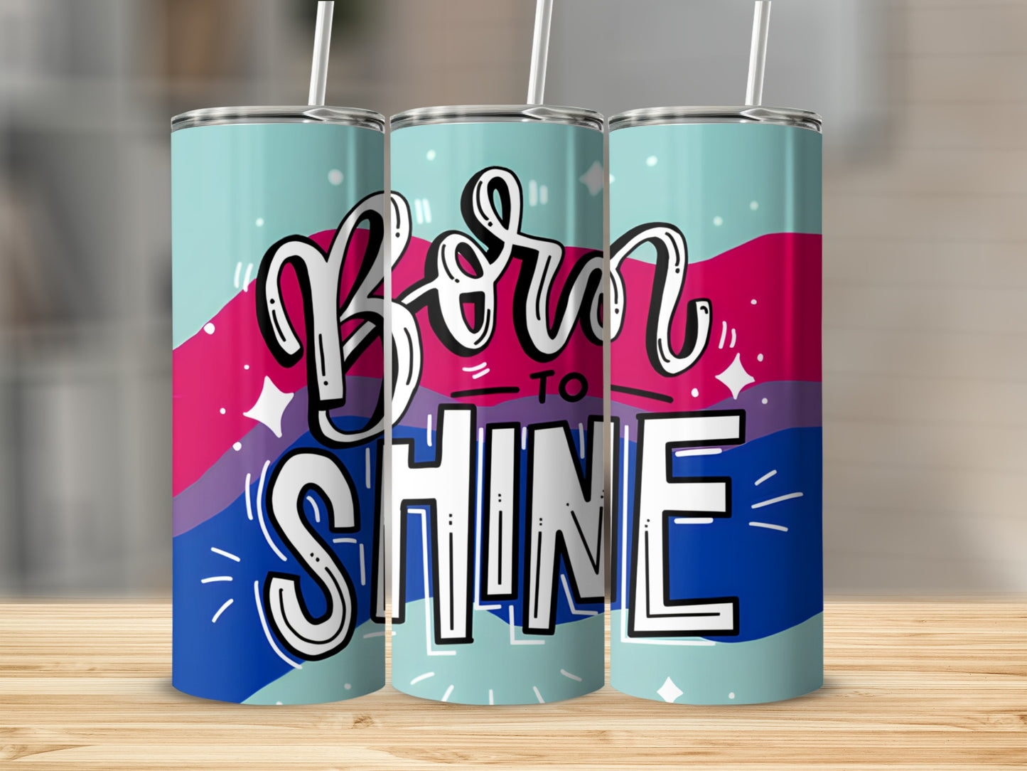 Bisexual pride flag design "Born to Shine" on three tumblers.