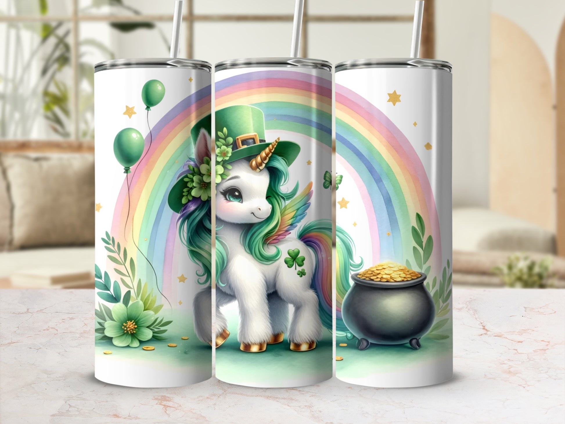 St. Patrick's Day unicorn wearing a green hat and pot of gold.