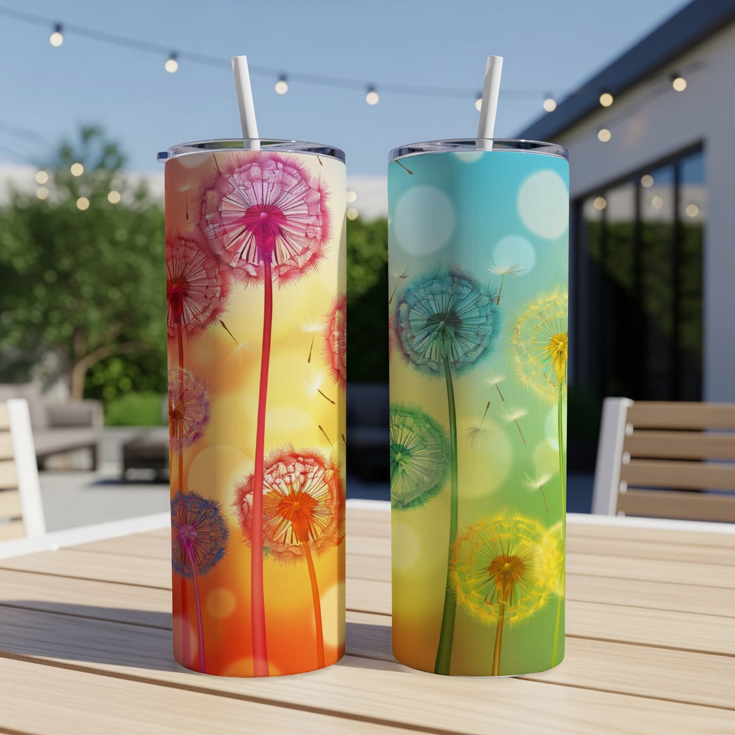 Two tumblers with dandelion designs and colorful gradient backgrounds.