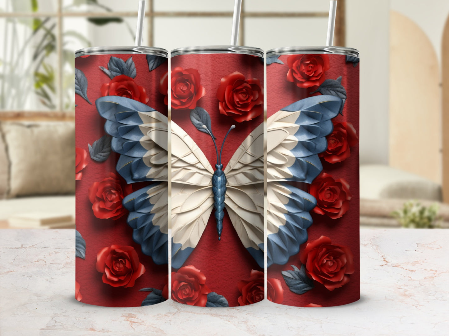 Tumbler with blue and white butterfly and red roses design.