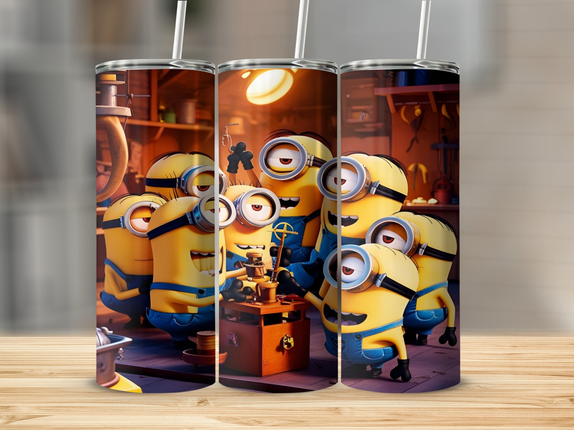 Minions working together around a wooden box on a workbench.