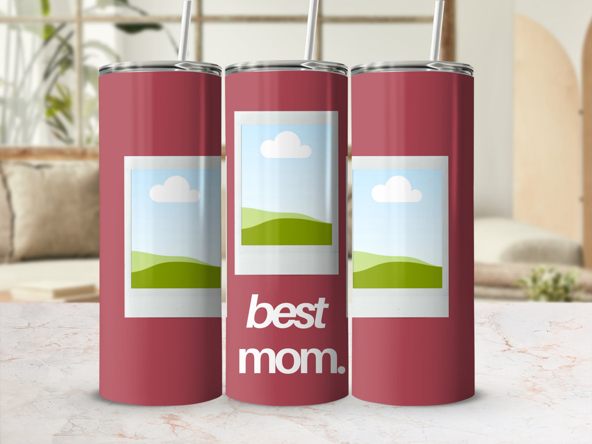 Three red tumblers with straws, each featuring a polaroid-style image and "best mom." text.