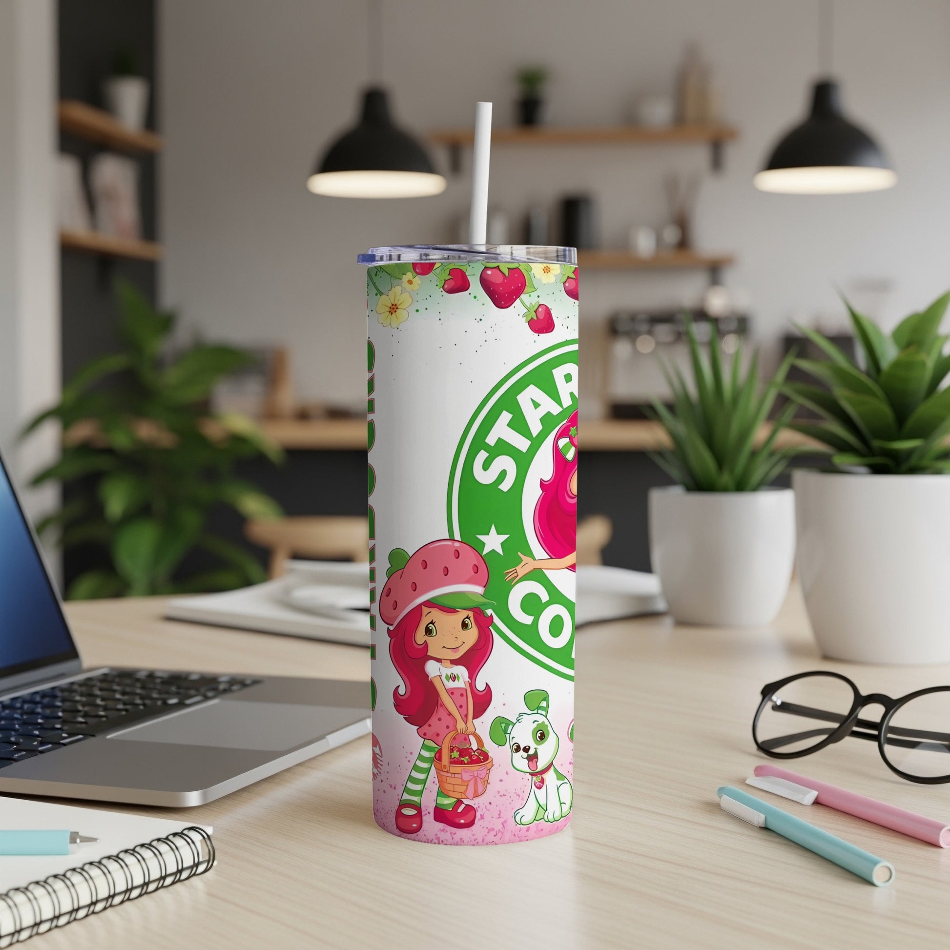 Strawberry Shortcake character with a dog on a Starbucks-themed tumbler.