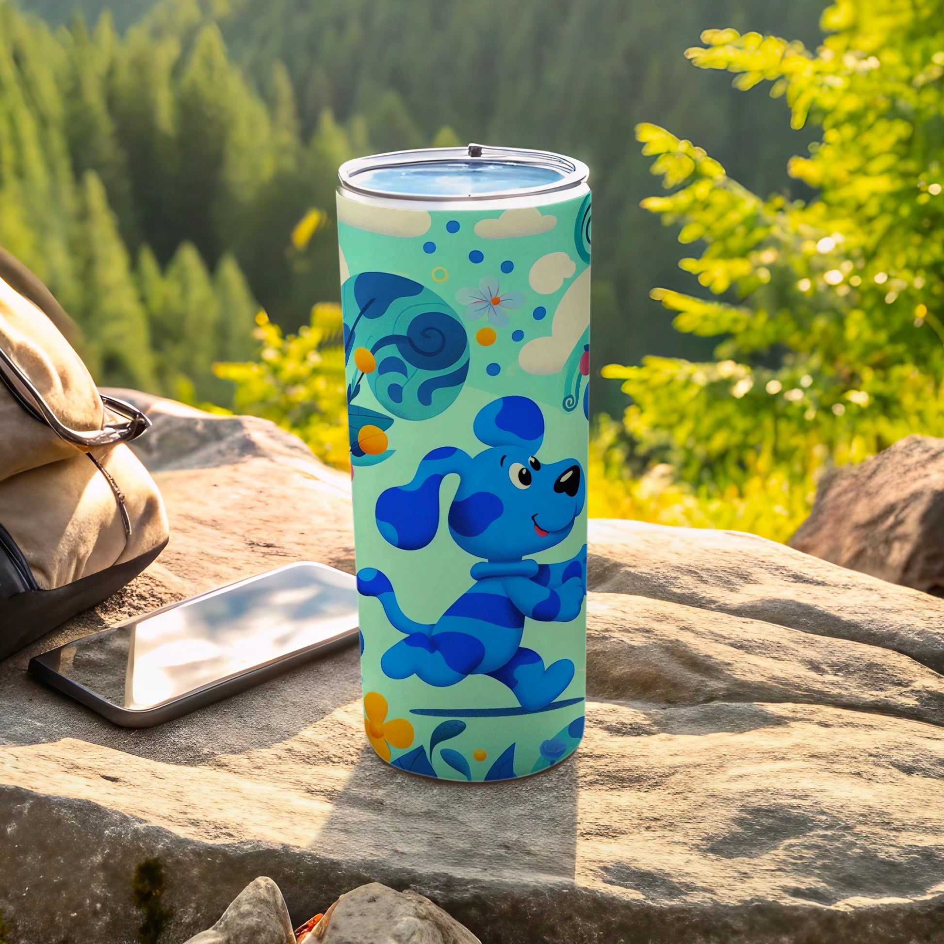 Colorful Blue Dog Artwork Tumbler with Nature Background
