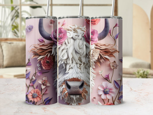 Pink floral Highland cow tumbler with straw.