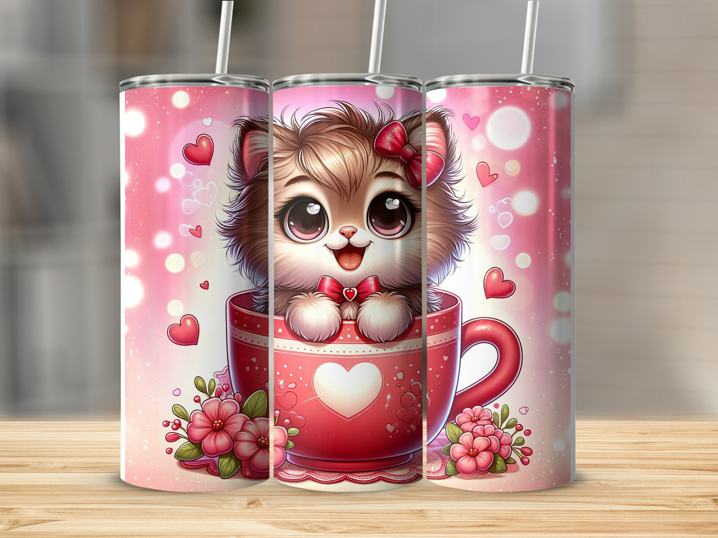 Cute cartoon puppy with red bow in a pink teacup with flowers.