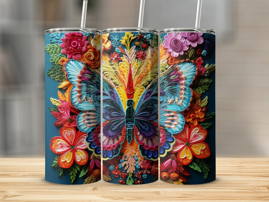 Three tumblers featuring a colorful butterfly and floral design.