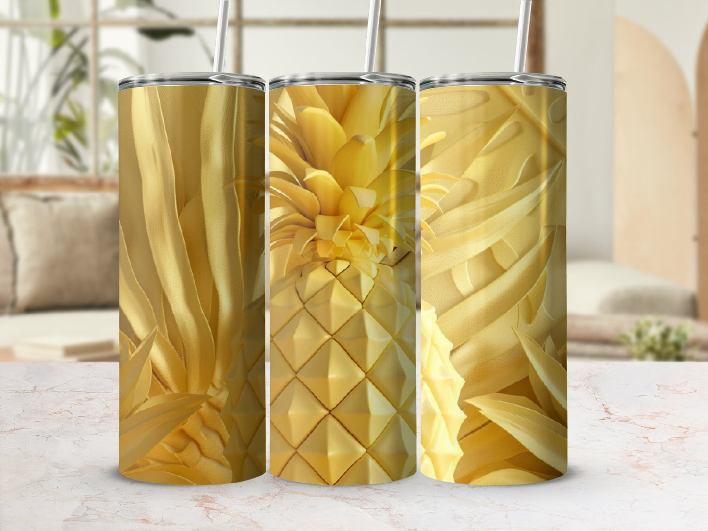 Three golden pineapples on a patterned background.
