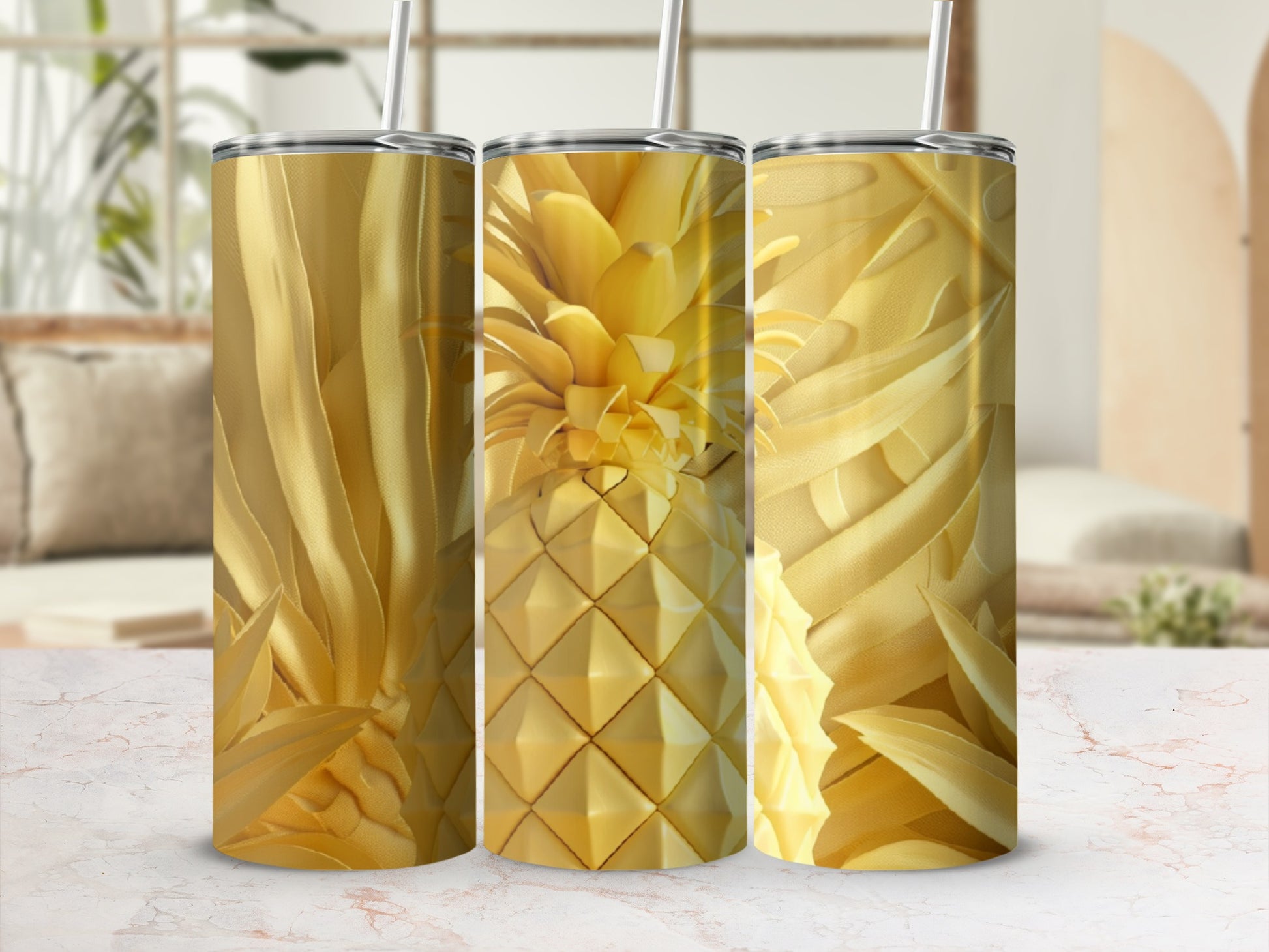 Three golden pineapples on a patterned background.