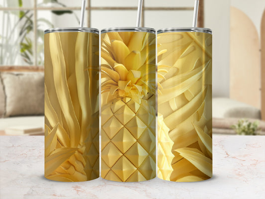 Three golden pineapples on a patterned background.