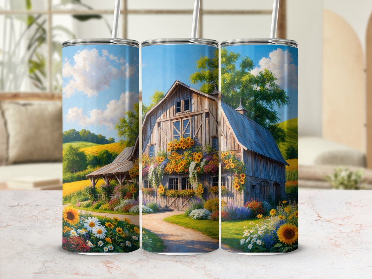 Barn with sunflowers and rolling hills, digital art scene.
