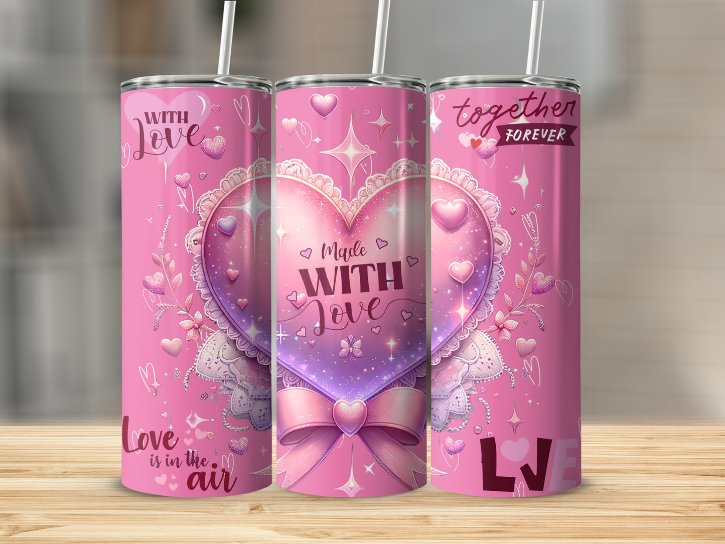 Love Heart Patterned Tumbler with Straw and Lid