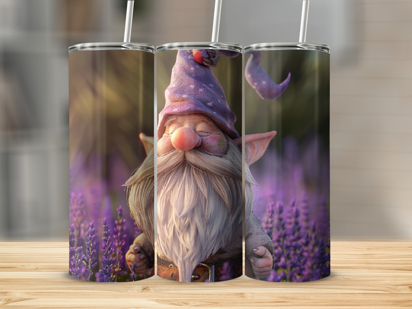 Gnome in purple hat with lavender field background.