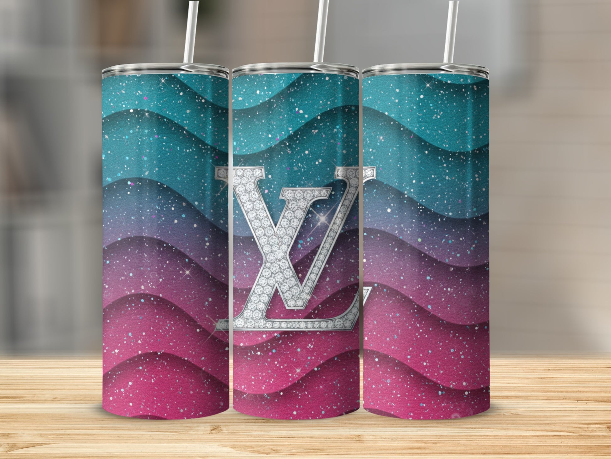 Gradient Glitter Wave Pattern Custom Tumbler for Drinks