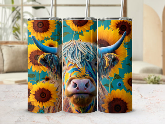 Highland cow with sunflowers on a tumbler.