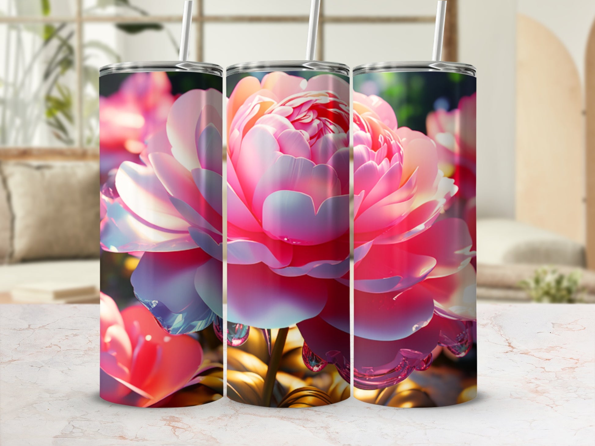 Three tumblers with a close-up pink peony floral design.