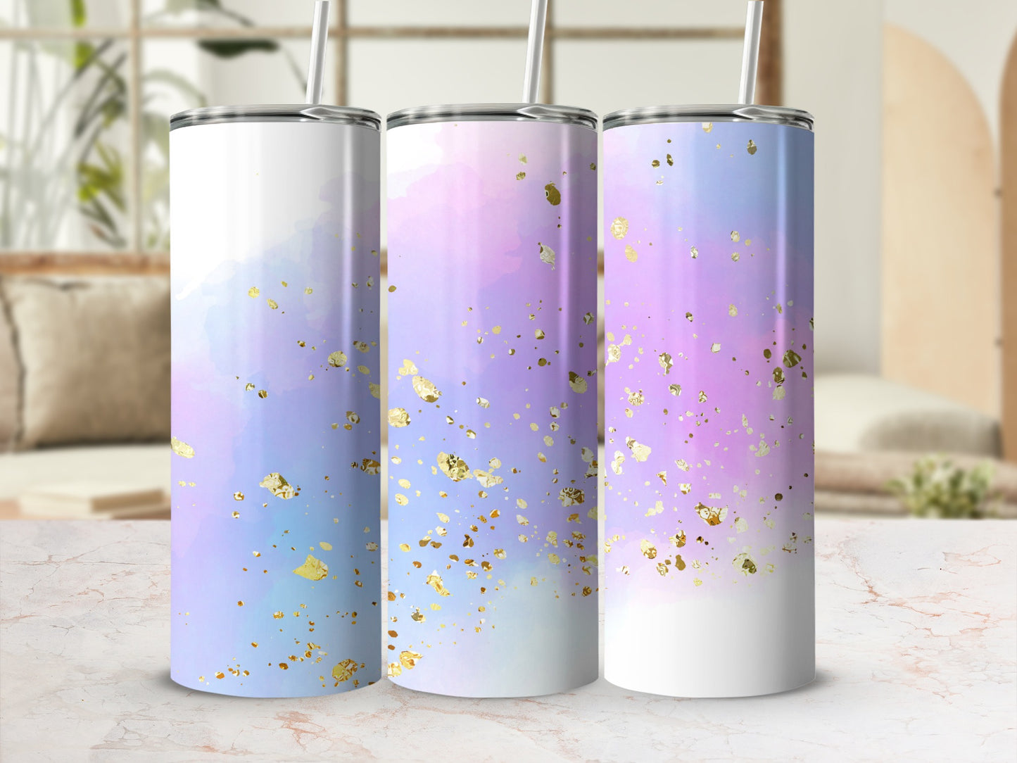 Three tumblers with watercolor and gold flake design.
