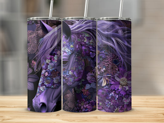 Purple horse head with floral designs and straw.