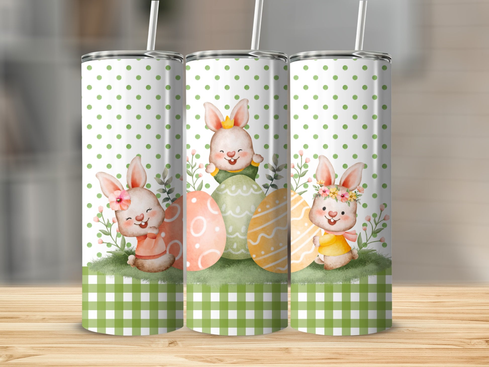 Three Easter bunny tumblers with polka dots and gingham borders.
