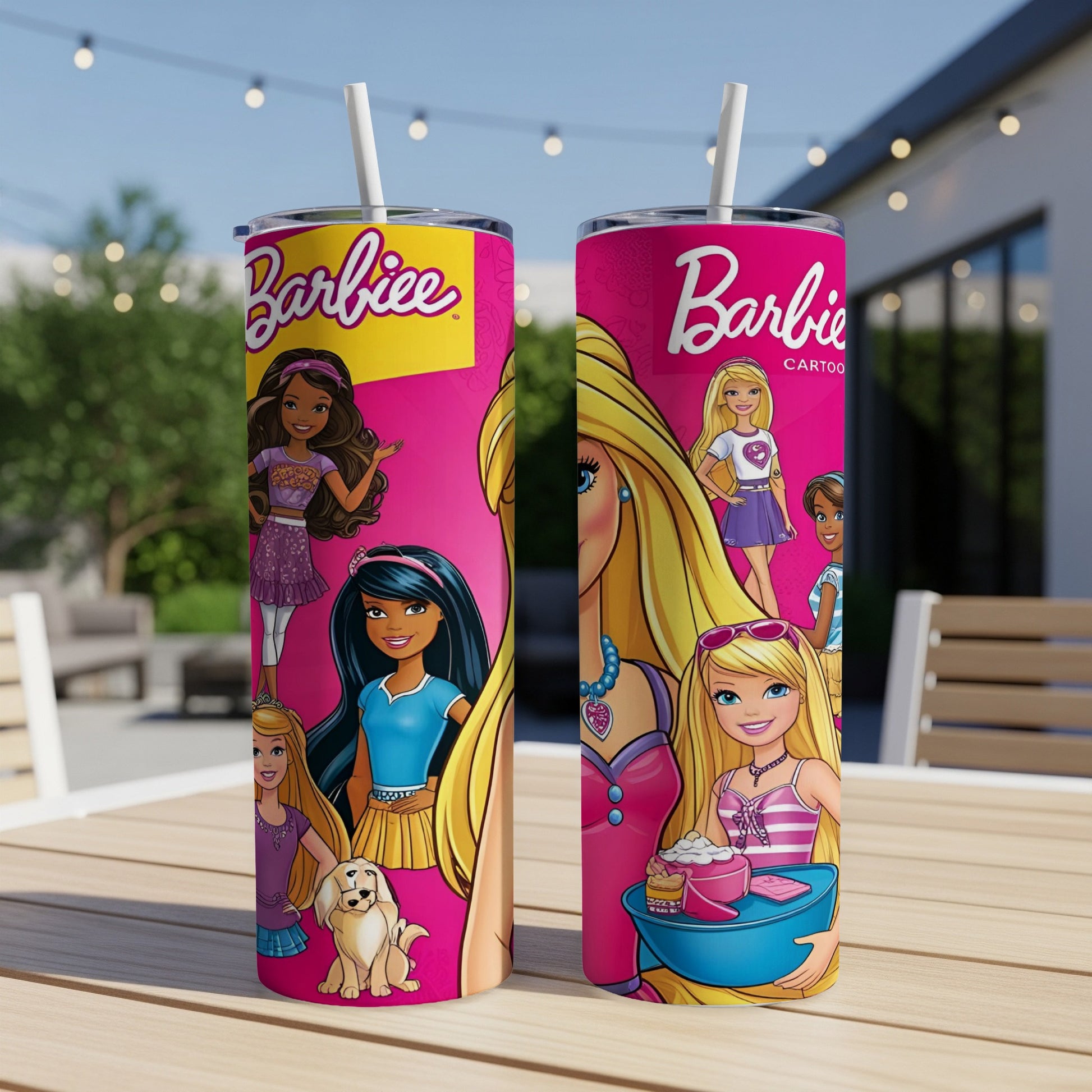 Two Barbie tumblers with cartoon characters and Barbie logo on a table.